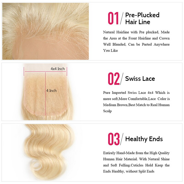 1B 613 Highlight Bundles with Closure Body Wave Human Hair Bundles With Closure 4x4 inch Transparent Lace Closure and Bundles
