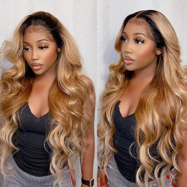 1B/27 Honey Blonde Body Wave Bundles with Closure Ombre Colored Hair Bundles with Closure