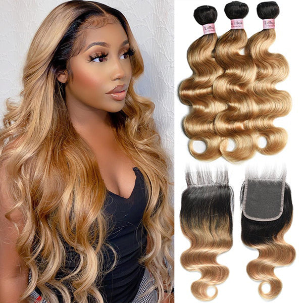 1B/27 Honey Blonde Body Wave Bundles with Closure Ombre Colored Hair Bundles with Closure
