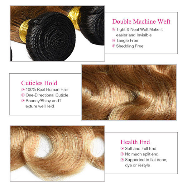 Honey Blonde Body Wave Bundles with Closure 1B/27 Ombre Colored Hair Bundles with Closure