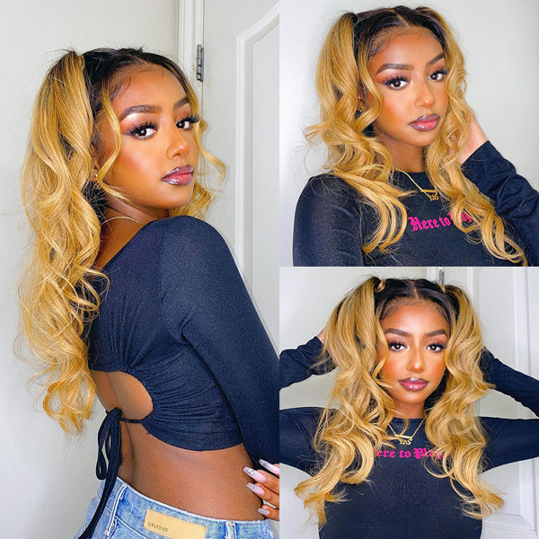 hyeon ヘヨン ribbon all-in-one Honey Blonde Body Wave 3 Bundles with Closure 1B/27 Ombre Colored