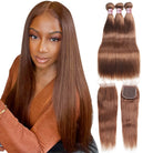 Brown Colored Human Hair Bundles with Closure 4# Ombre Bone Straight Bundles with Closure - LollyHair