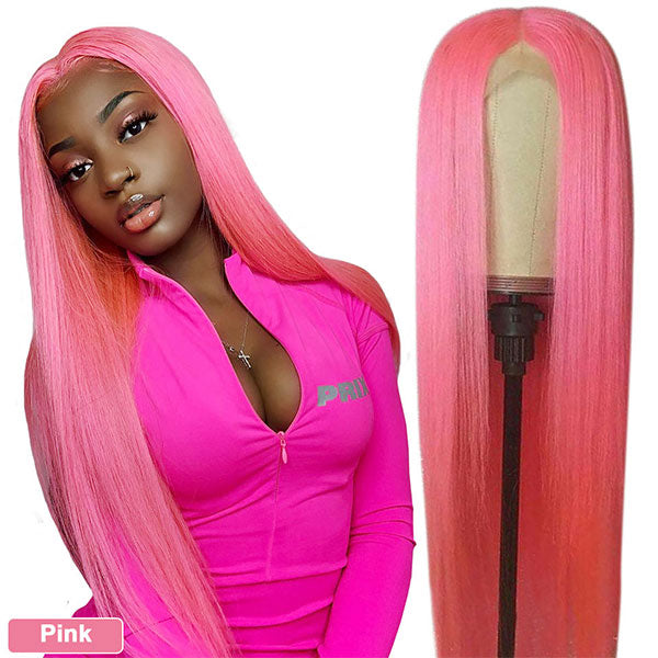 Pink 13x4 Bone Straight Lace Front Wig Human Hair Pre-plucked Red Blue Frontal Wig - LollyHair