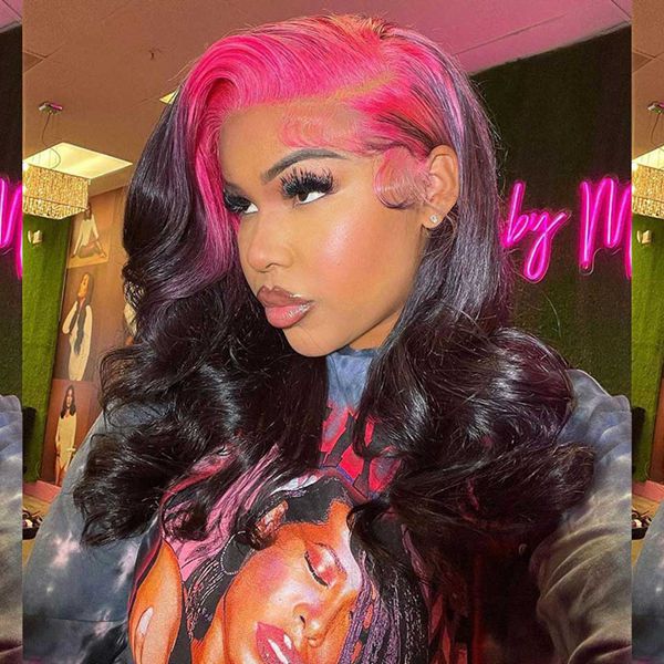 Pink Root 13x4 HD Transparent Lace Front Wig Body Wave Colored Human Hair Wigs Pre Plucked