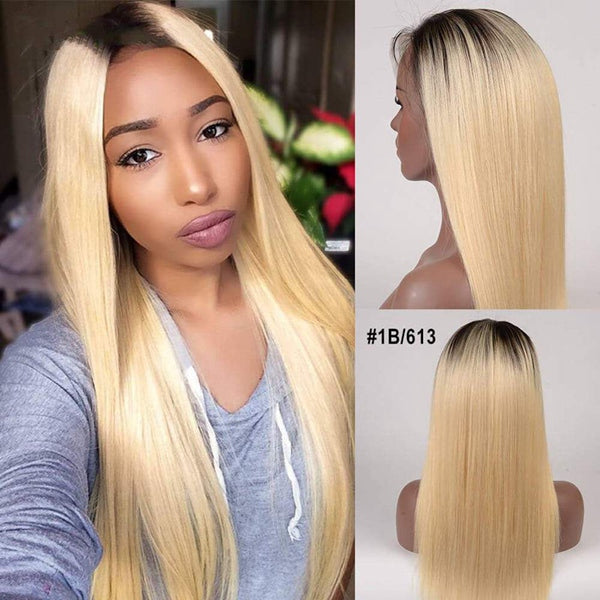 1B 613 Blonde Ombre Color 28 30 Inch Brazilian Straight Wig Lace Front Human Hair Wig - LollyHair