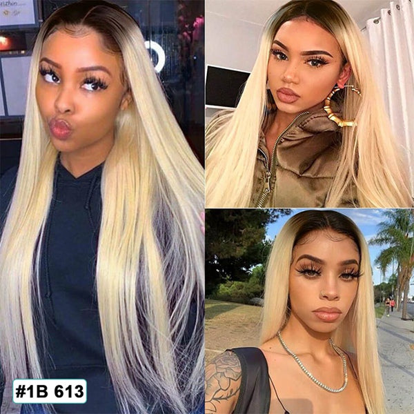 1B 613 Blonde Ombre Color 28 30 Inch Brazilian Straight Wig Lace Front Human Hair Wig - LollyHair
