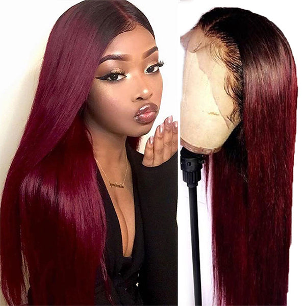 Burgundy Lace Front Wig 1B 99J Ombre Straight Lace Front Human Hair Wigs 4x4 Closure Wig - LollyHair