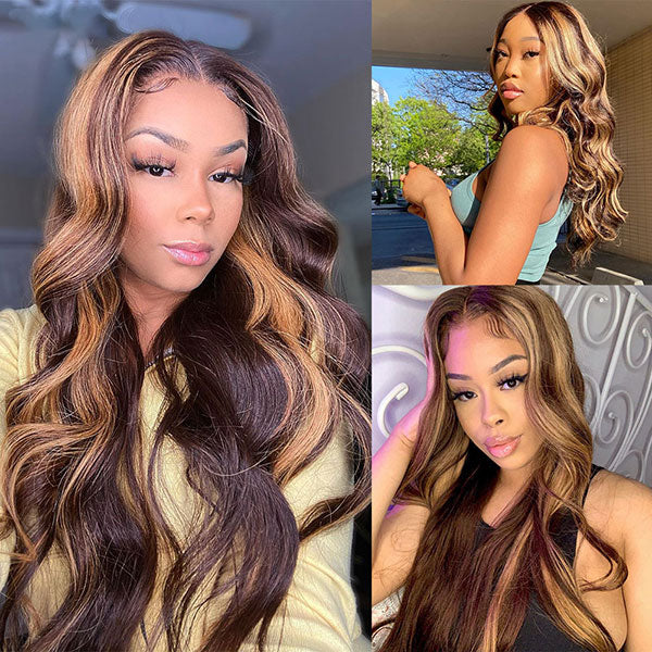 Highlight Body Wave Hair Wigs Honey Blonde Brown P4/27 Color 150% Density 13x4 Lace Front Wig - LollyHair