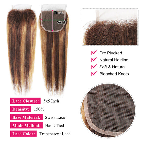 24 26 inch HD Highlight Lace Closure 5x5 Straight Hair Closure Remy Human Hair Closure - LollyHair