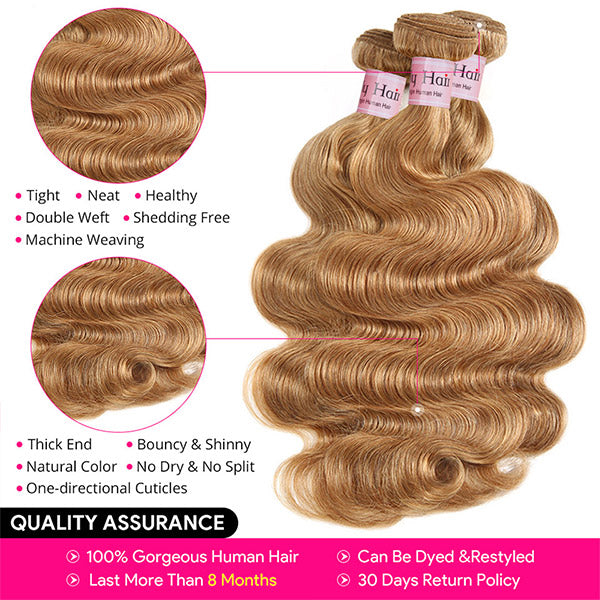 27 Honey Blonde Body Wave Bundles with 13x4 HD Lace Frontal Colored Human Hair 3 Bundles With Lace Frontal
