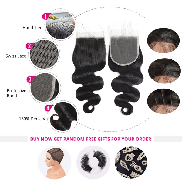 Brazilian Hair Body Wave 3 Bundles with Lace Closure Affordable Remy Human Hair - LollyHair