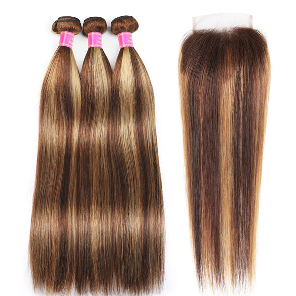 Highlight Ombre Bundles with Lace Closure Brazilian Hair Bone Straight Bundles with Closure - LollyHair