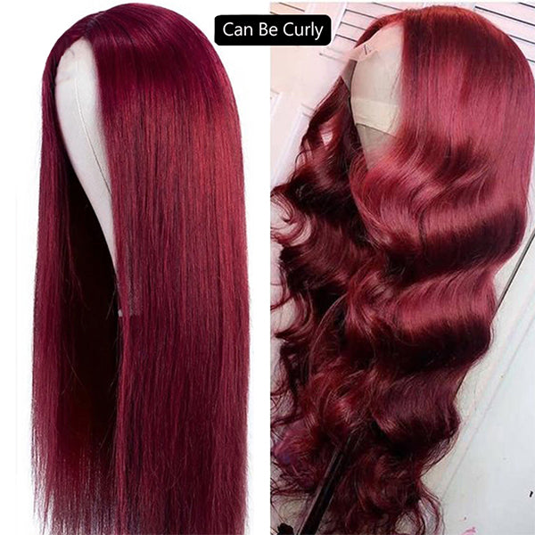 30 Inch Burgundy 99j Straight Colored Human Hair Wigs Middle T Part Lace Wig