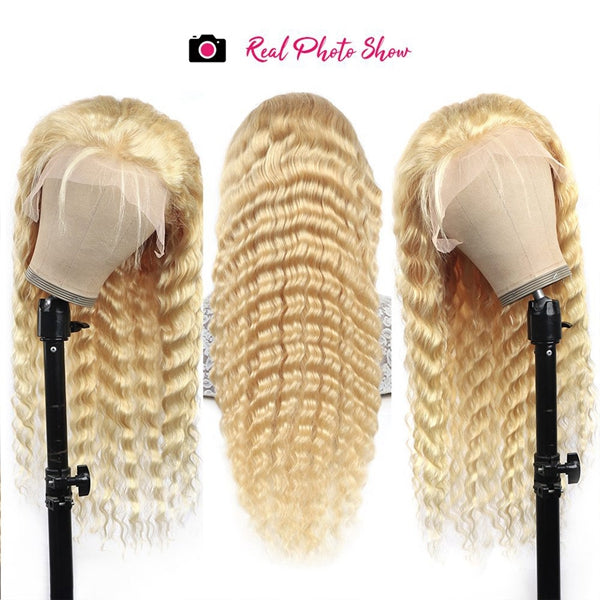 30Inch Curly 613 Lace Frontal Wig Pre Plucked HD Deep Wave Blonde Lace Front Wig Human Hair