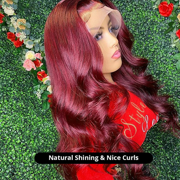 30 Inch Middle T Part Lace Wig Burgundy 99j Body Wave Colored Human Hair Wigs