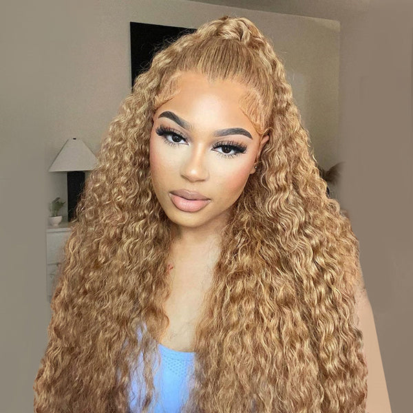 #27 Honey Blonde Water Wave Colored Human Hair Wigs 13x4 HD Lace Frontal Wigs For Women