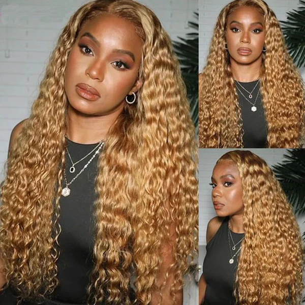 #27 Honey Blonde Water Wave Colored Human Hair Wigs 13x4 HD Lace Frontal Wigs For Women