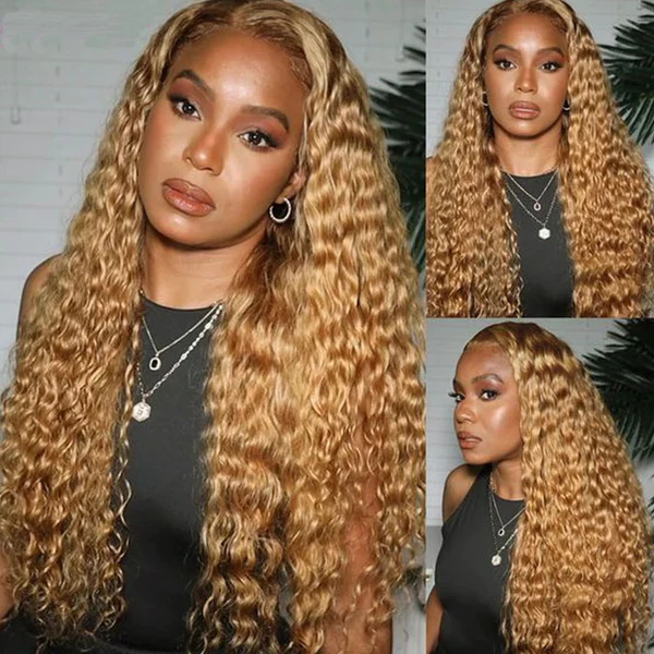 #27 Honey Blonde Water Wave Colored Human Hair Wigs 13x4 HD Lace Front ...