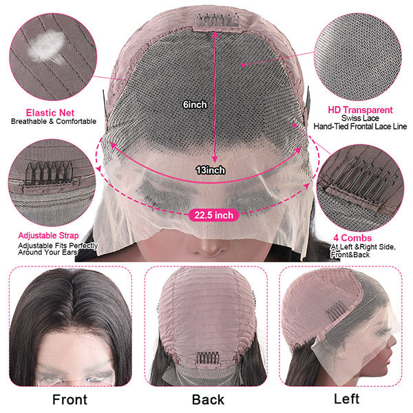 13x6 HD Transparent Lace Front Wigs Pre Plucked 200% Density Glueless Straight Human Hair Wigs