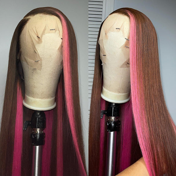 30 inch Skunk Strip Lace Front Wigs Brown Pink Colored Human Hair Wigs Straight HD Lace Frontal Wig