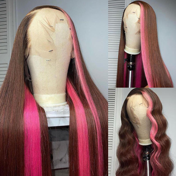 30 inch Skunk Strip Lace Front Wigs Brown Pink Colored Human Hair Wigs Straight HD Lace Frontal Wig