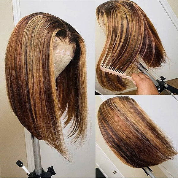 Highlight Short Bob Wig 4X4 Lace Closure Wig Bone Straight Human Hair Wig - LollyHair