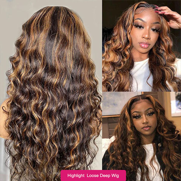 Highlight Loose Deep Wave Frontal Wig Human Hair Wig 13x4 Lace Front WIg P4/27 4x4 Closure Wig - LollyHair