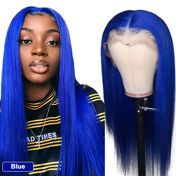Pink 13x4 Bone Straight Lace Front Wig Human Hair Pre-plucked Red Blue Frontal Wig - LollyHair