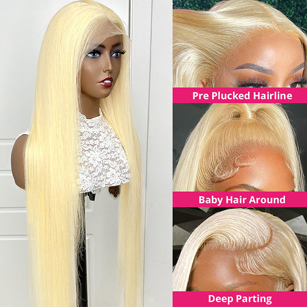 613 Blonde Glueless Wigs 13x4 HD Lace Front Wig Long Straight Widows Peak Blonde Human Hair Wigs