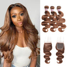 Ombre Hair Bundles with Closure 4# Light Brown Body Wave Human Hair Bundles with 4x4 Lace Closure - LollyHair