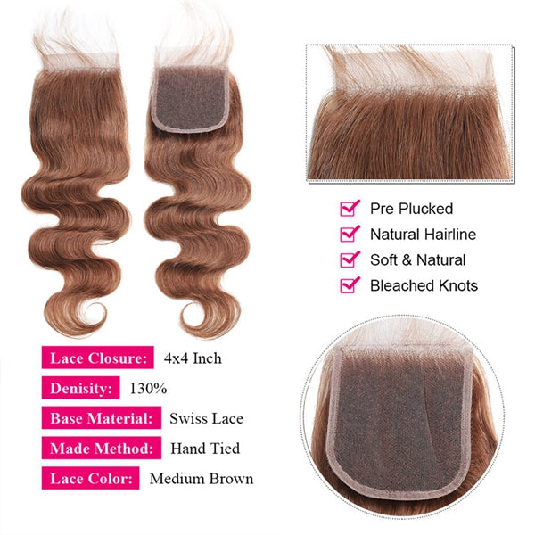 Ombre Hair Bundles with Closure 4# Light Brown Body Wave Human Hair Bundles with 4x4 Lace Closure - LollyHair