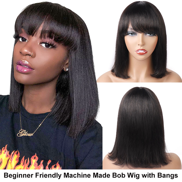 Short Bob Wig With Bangs Straight Glueless Full Machine Made Human Hair Wig - LollyHair