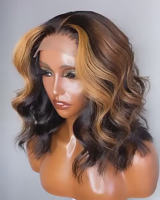 Highlight Brown Blonde Body Wave Bob Wigs Undetectable Invisible 13x4 Lace Frontal Human Hair Wigs
