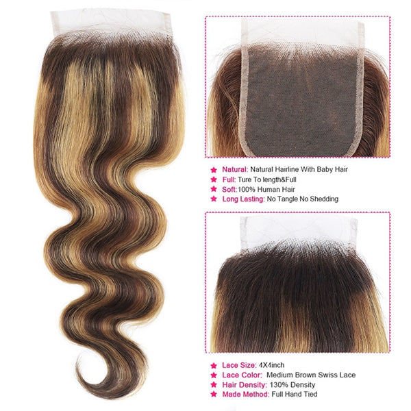 HD Transparent Highlight Body Wave Closure 4x4 Human Hair Lace Closure with Baby Hair - LollyHair