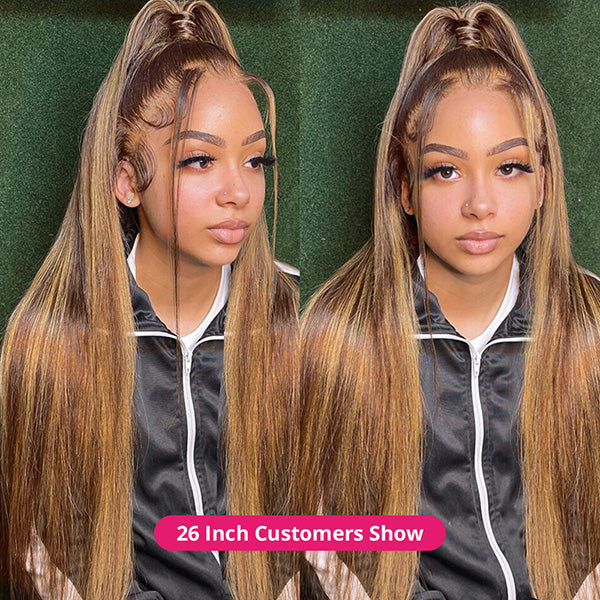 Lolly 13x6 HD Lace Front Wigs P4/27 Highlight Colored Human Hair Wigs Straight Pre Plucked Pre Bleached Knots Glueless Lace Wigs for Women