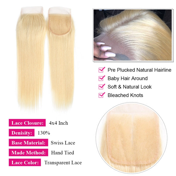 613 Blonde Lace Closure Straight Human Hair 4x4 HD Lace Closure Pre Plucked