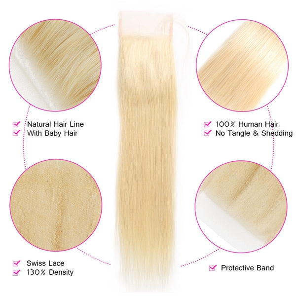 613 Blonde Lace Closure Straight Human Hair 4x4 HD Lace Closure Pre Plucked
