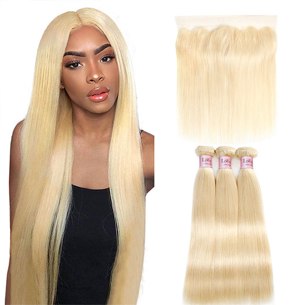 613 Bundles with HD Frontal Brazilian Blonde Straight Human Hair Bundles with Closure