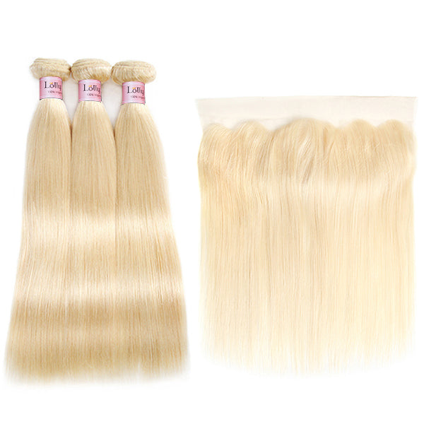 613 Bundles with HD Frontal Brazilian Blonde Straight Human Hair Bundles with Closure