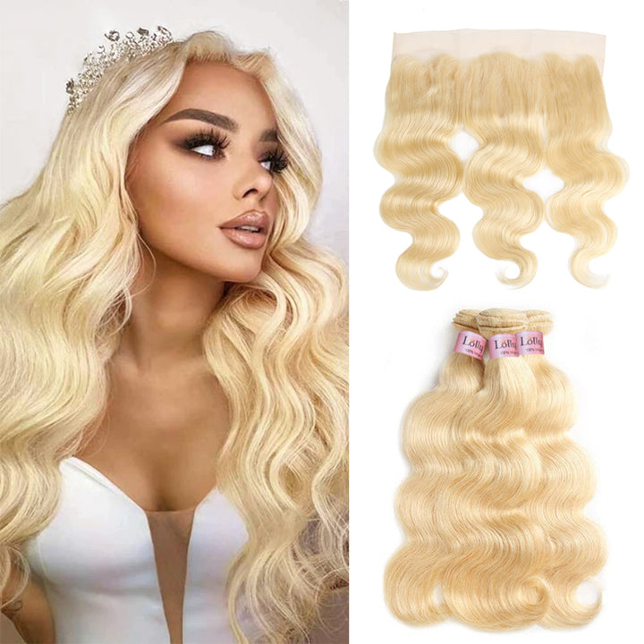 613 Human Hair Bundles with HD Frontal Brazilian Blonde Body Wave Bundles with Frontal