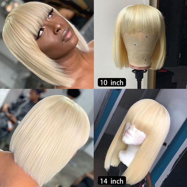 613 Blonde Straight Hair Bob Wig with Bangs Brazilian Remy Hair Short Human Hair Wigs for Women