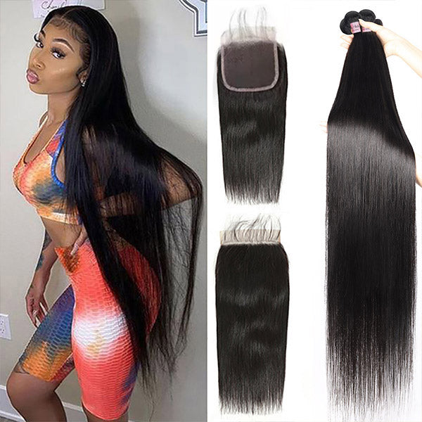 6x6 Lace Closure with Bundles Brazilian Straight Human Hair 3 Bundles with Closure