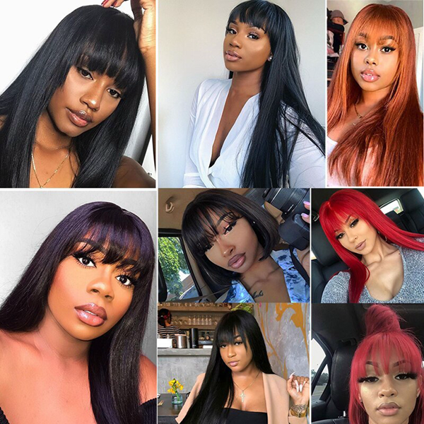 Straight Human Hair Wigs With Bangs Fringe Wig Colored Human Hair Wigs Ginger Burgundy - LollyHair