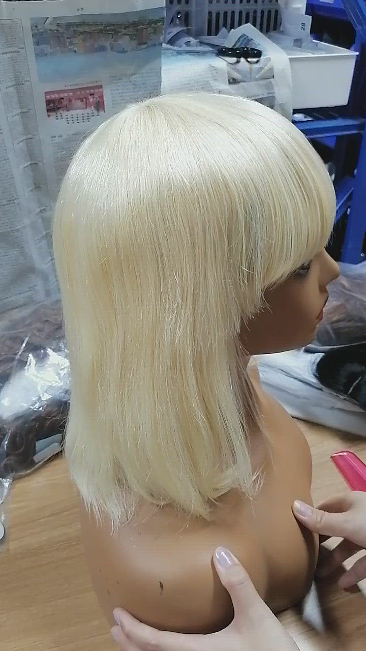 613 Blonde Straight Hair Bob Wig with Bangs Brazilian Remy Hair Short Human Hair Wigs for Women