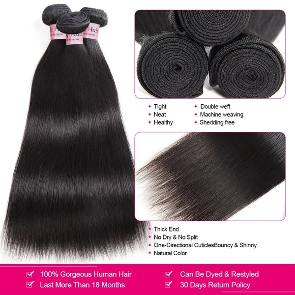 8A Malaysian Straight Weave Hair Bundles With 4*4 Lace Closure