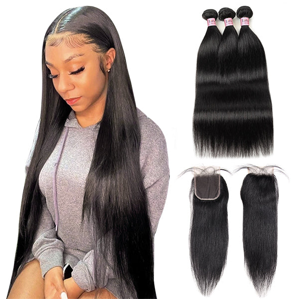 8A Malaysian Straight Weave Hair Bundles With 4*4 Lace Closure