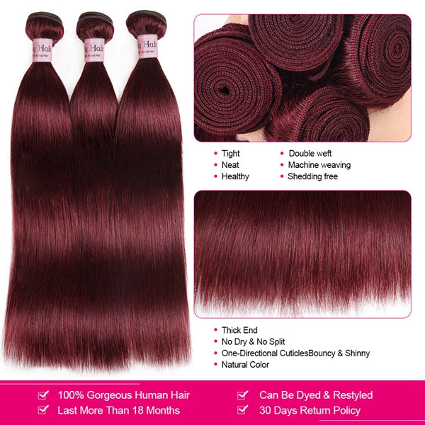 99J Burgundy Straight Hair 3 Bundles with Closure Red Human Hair Bundles with Closure - LollyHair