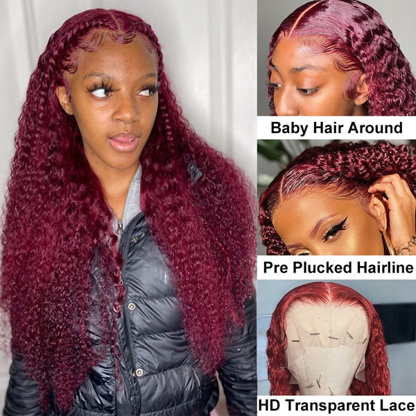 99J Lace Front Wig Red Deep Wave Lace Front Human Hair Wigs for Women Burgundy Curly Wig - LollyHair