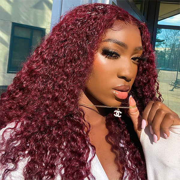 Burgundy Curly Wig 99J Colored Human Hair Lace Front Wigs With Baby Hair