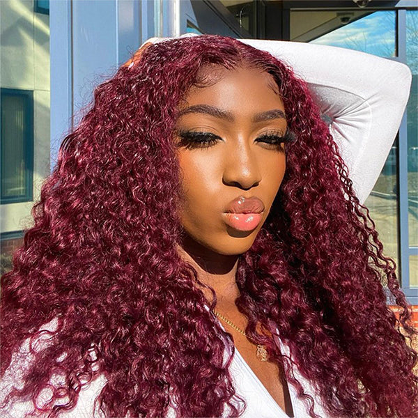 Burgundy Curly Wig 99J Colored Human Hair Lace Front Wigs With Baby Hair
